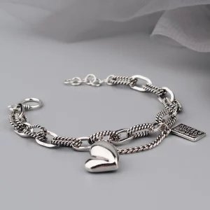 100% Solid 925 Sterling Silver Hiphop Thick Heart Bracelet for Women Men Vintage Handmade Hasp Bracelet Birthday Gift