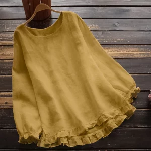 Spring Women Blouse O Neck Long Sleeve Tops Vintage Casual Ruffles Shirt Solid Color Blusas Loose Chemise Tunic Mujer