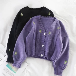 Women Knitted Cute Fashion Loose Sweater Spring Autumn V-Neck Lantern Sleeve Embroidery Floral Female Cardigan Chic Crop Top